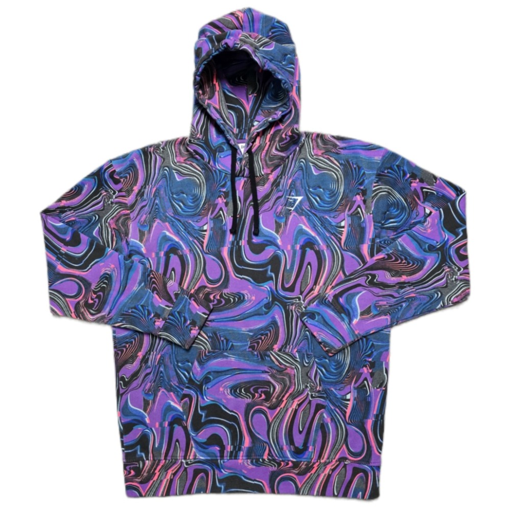 Gymshark Sweatshirt Adult M Purple Swirl Neon All Over Abstract Hoodie Pullover